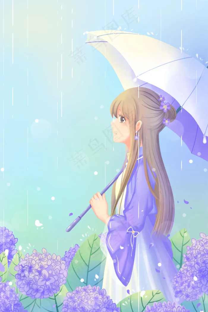 蓝色紫色唯美卡通春季小清新春雨清明雨配图(3545X5315(DPI:300))psd模版下载