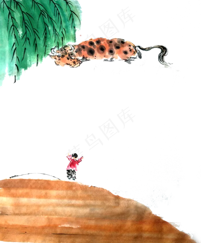 春天装饰边框绿柳牧童水牛PNG(3000X3620(DPI:72))psd模版下载