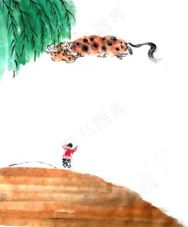 春天装饰边框绿柳牧童水牛PNG