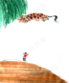 春天装饰边框绿柳牧童水牛PNG 春天装饰边框绿柳牧童水牛PNG