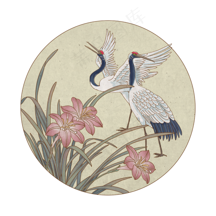 中国风萱草仙鹤插画装饰画,免抠元素