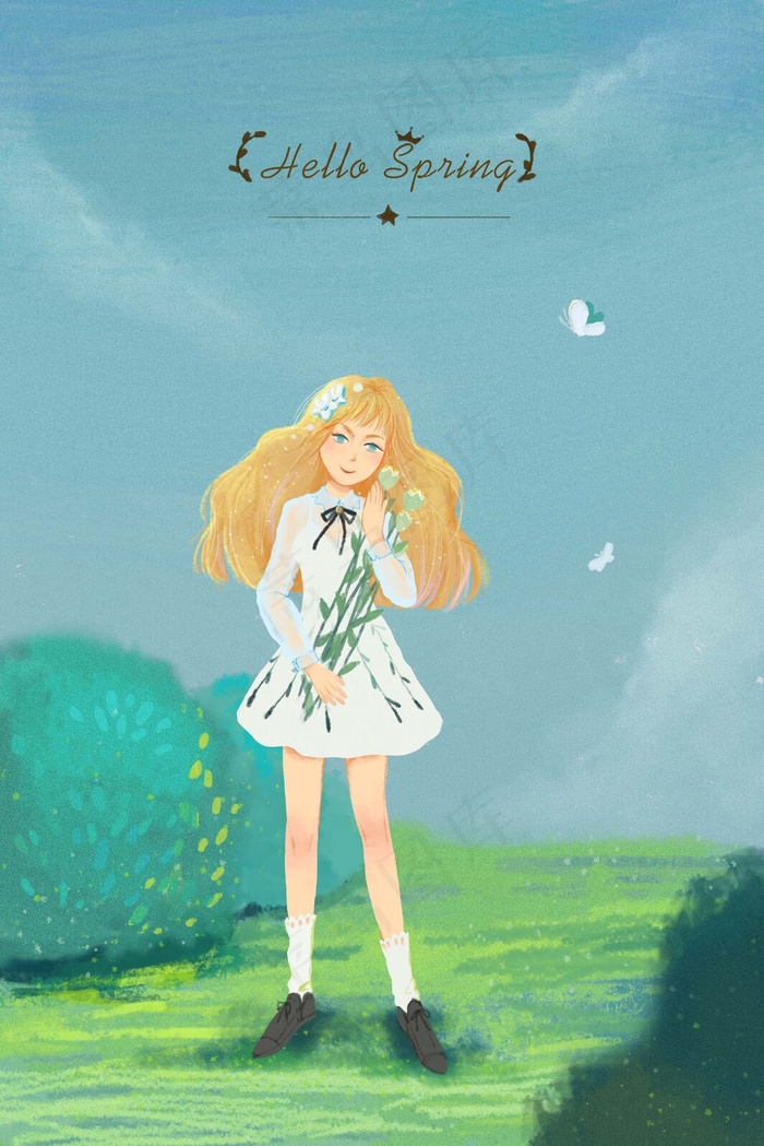 你好春天白裙女孩抱花出游(3545X5315(DPI:300))psd模版下载