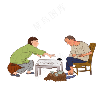 父子两个在大树下一起下棋喝茶。