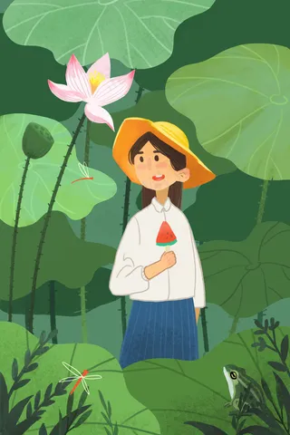 荷塘下吃雪糕的小女孩