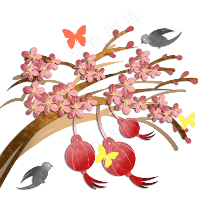 新年花枝装饰红梅鸟雀红灯笼中国,免抠元素(3500X3500(DPI:300))psd模版下载