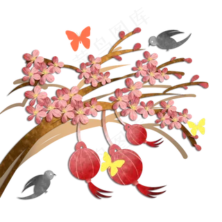 新年花枝装饰红梅鸟雀红灯笼中国,免抠元素