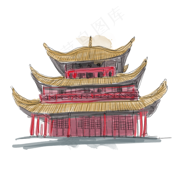 岳阳楼的水彩建筑(2500X2500(DPI:300))psd模版下载