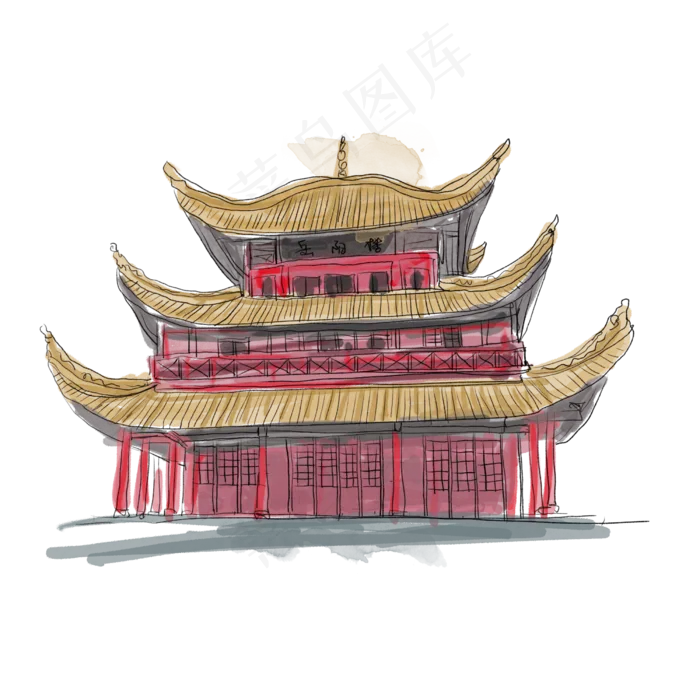 岳阳楼的水彩建筑(2500X2500(DPI:300))psd模版下载