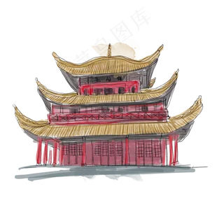 岳阳楼的水彩建筑