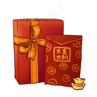 春节红色喜庆礼盒和红包PNG免抠素