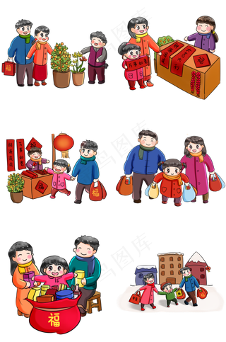 2019新年买年货系列卡通手绘Q版合�,免抠元素