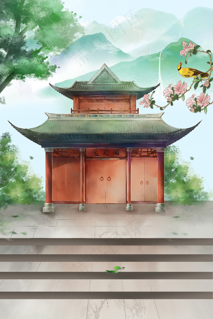 中国风石阶国潮古风建筑亭台楼阁山水风景