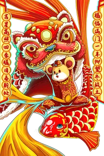踏鲤舞狮图2020鼠年,免抠元素 踏鲤舞狮图2020鼠年,免抠元素