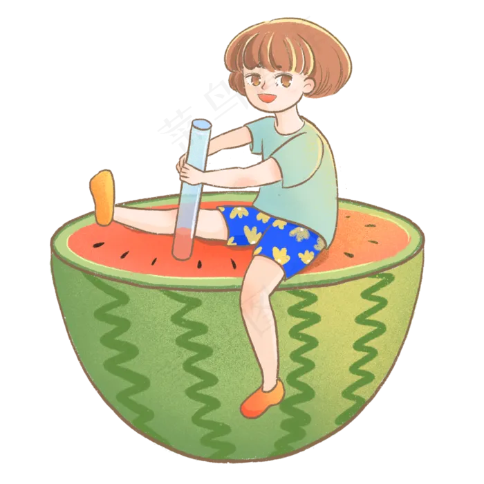 夏季立夏女孩吃西瓜卡通手绘