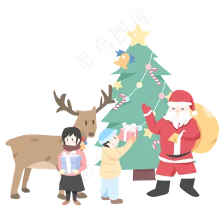 圣诞节给孩子送礼物扁平场景,免抠元素