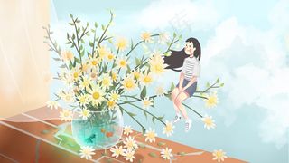 夏天雏菊窗户女孩