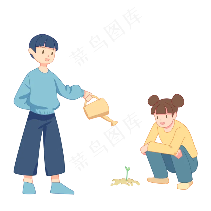 手绘植树节男孩给树苗浇水