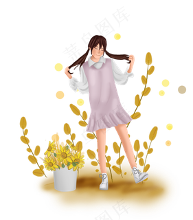 立秋秋天长发女孩和向日葵,免抠元素