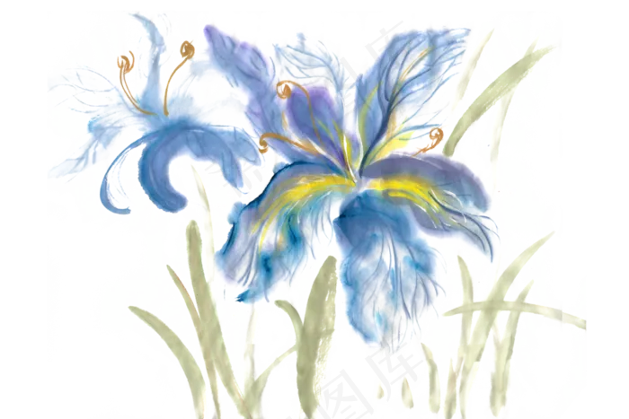 淡雅的蓝色花水墨画PNG免抠素材