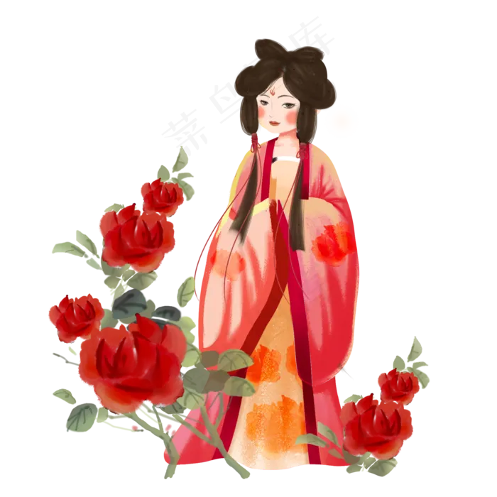 古风女子红玫瑰素材(2000X2000(DPI:300))psd模版下载