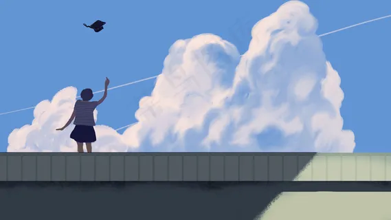 蓝天白云天台毕业女孩学士帽