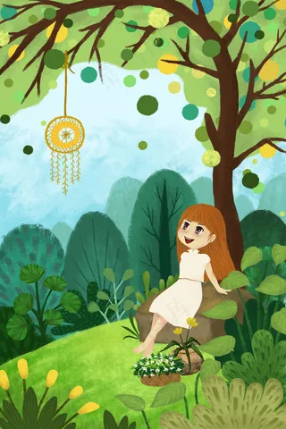 夏天风景  大树下乘凉的小姑娘