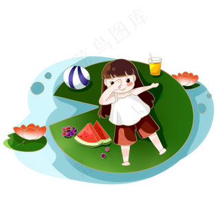 夏日女孩在荷叶生乘凉PNG素材