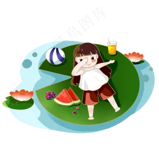 夏日女孩在荷叶生乘凉PNG素材