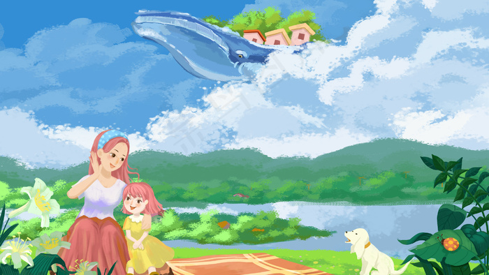 绿色唯美卡通夏日立夏空中蓝鲸炎热夏季风(2880*1620px 300 dpi )psd模版下载