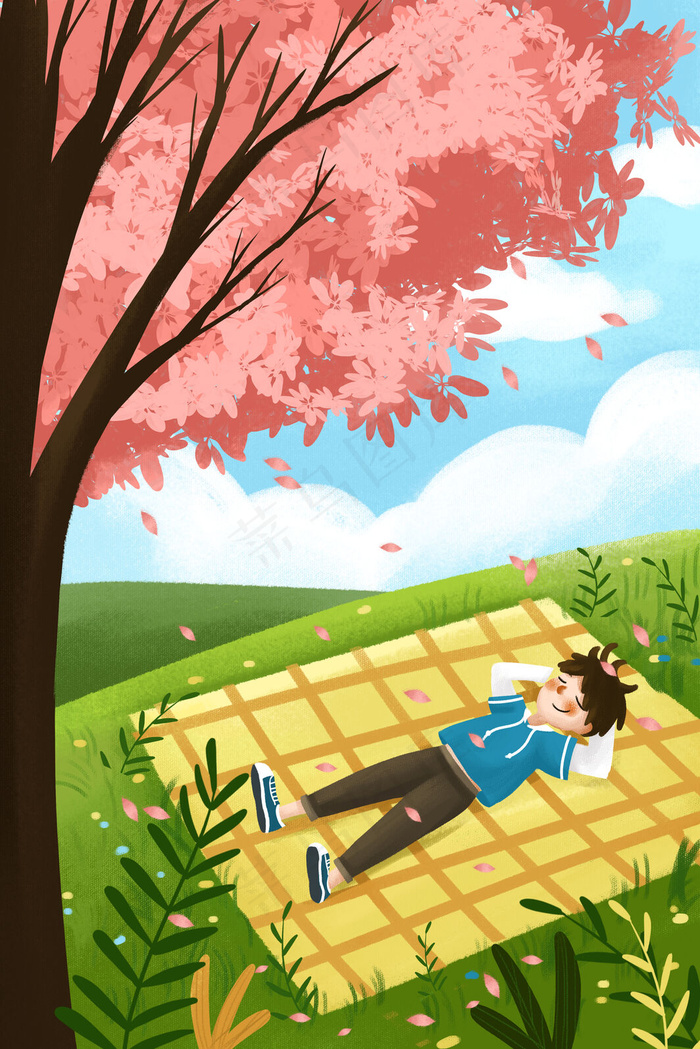 春天男孩野餐樱花春游旅行出游踏青立春