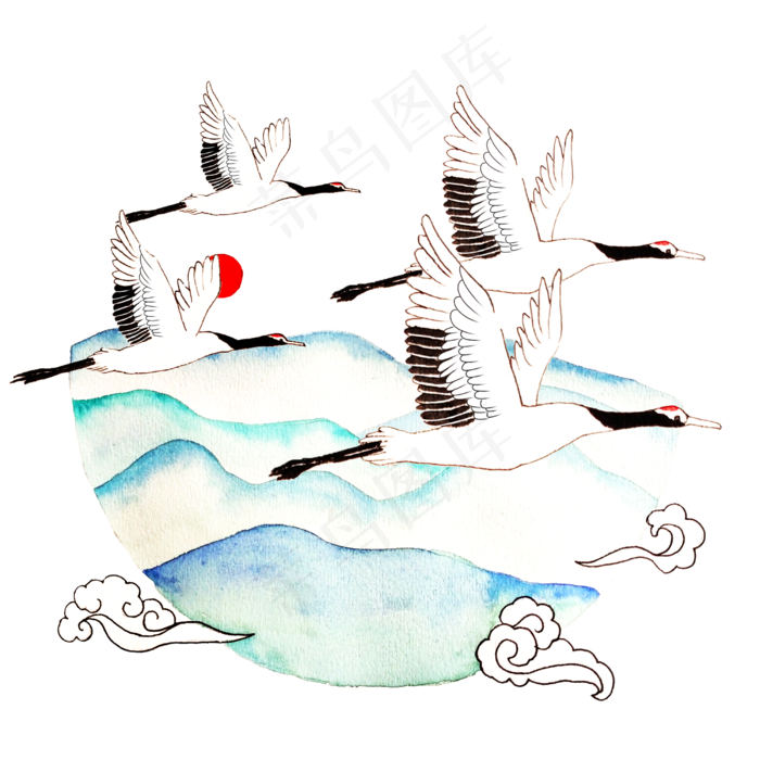 丹顶鹤中国风山河飞,免抠元素
