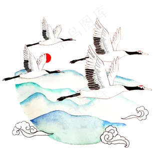 丹顶鹤中国风山河飞,免抠元素