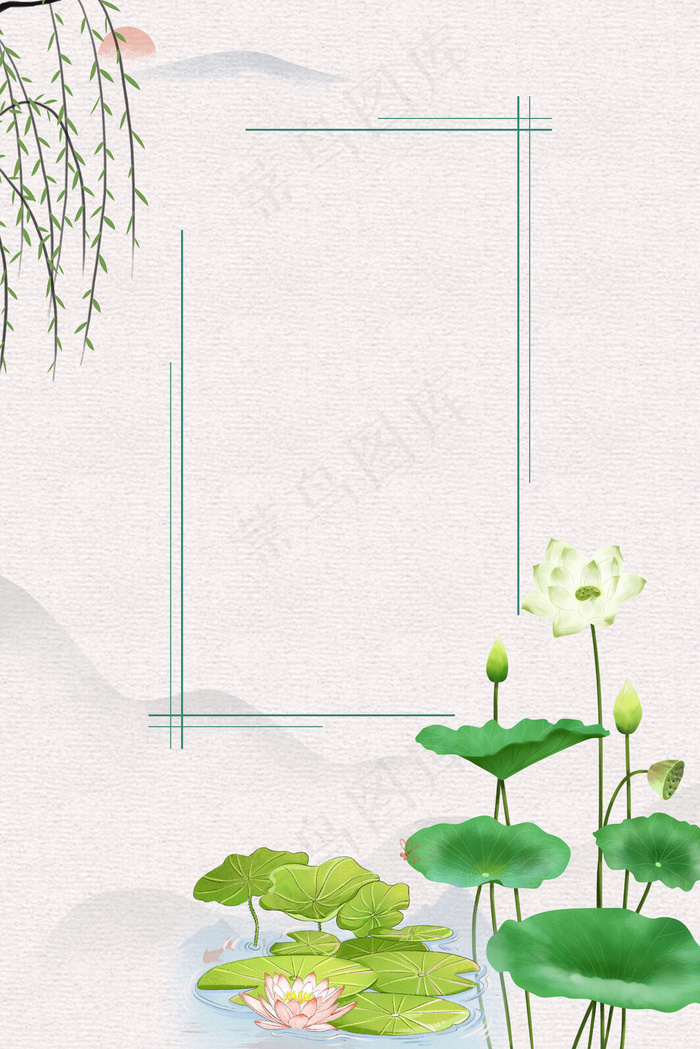 中国风夏季手绘荷花荷韵海报背景素材