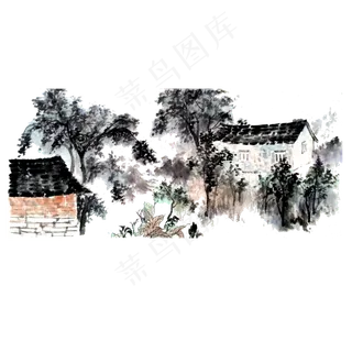 水墨山水村庄PNG树写意,免抠元素
