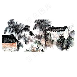 水墨山水村庄PNG树写意,免抠元素