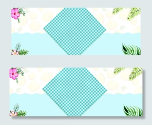 浅蓝树叶花朵水果平铺格子纹理banner