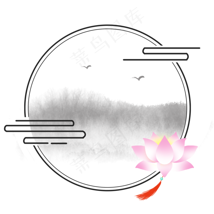 中国风水墨山水荷花边框(2000X2000(DPI:300))psd模版下载