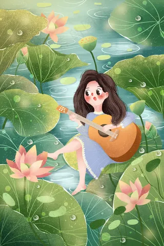 唯美夏日节气荷叶女孩弹吉他