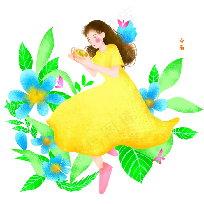 谷雨黄裙子女孩品茶(2000X2000(DPI:300))