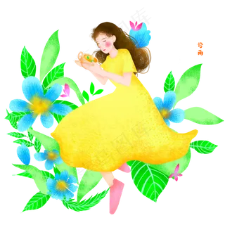 谷雨黄裙子女孩品茶