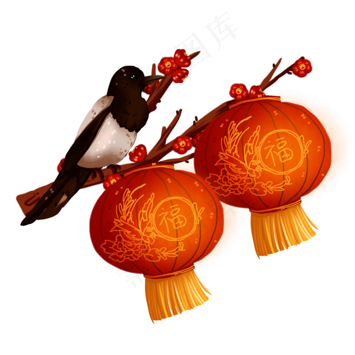 喜上眉梢梅花圆灯笼喜鹊免抠元素(2000X2000(DPI:300))psd模版下载