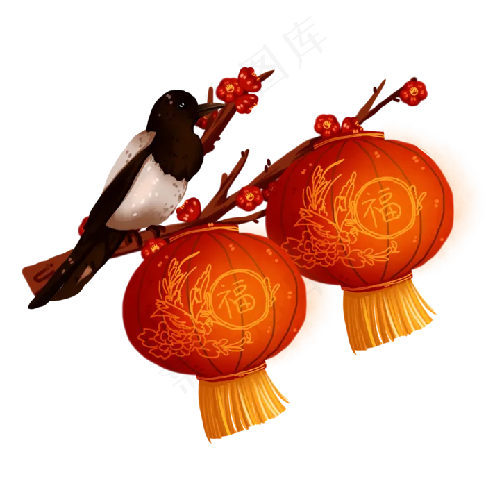 喜上眉梢梅花圆灯笼喜鹊免抠元素