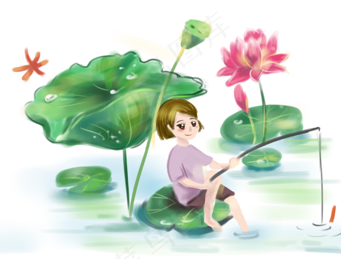 夏至垂钓女孩插画