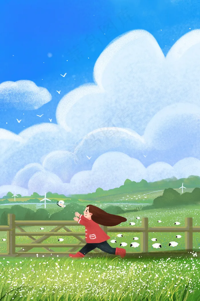 蓝天白云下小女孩扑蝴蝶手绘小清新竖图(3545X5315(DPI:300))psd模版下载
