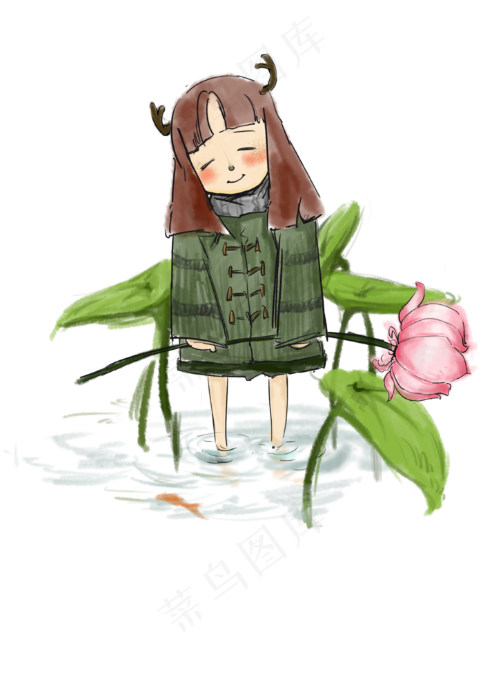 卡通可爱拿荷花的少女免抠图