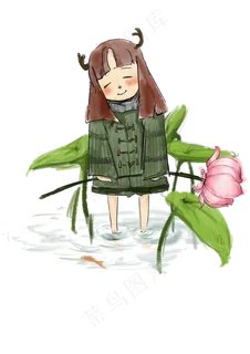卡通可爱拿荷花的少女免抠图