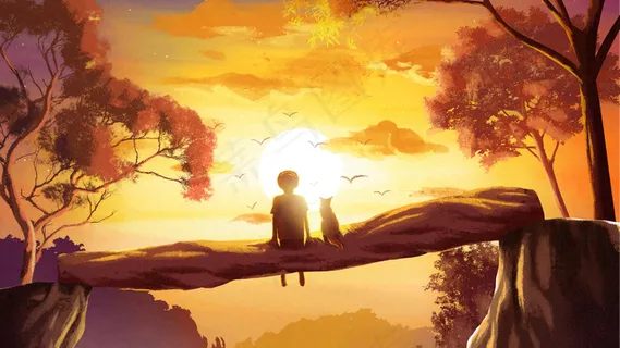 男孩与小猫面朝夕阳治愈风景 男孩与小猫面朝夕阳治愈风景