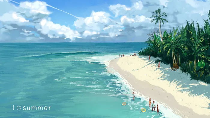 夏季海边沙滩清新景色治愈系插图
