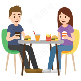 矢量卡通坐在一块吃汉堡喝可乐的