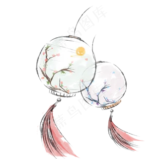 中国风水墨梅花灯笼手绘图案免扣